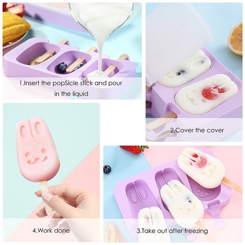 3 Cavities Ice Pop Maker Mold Popsicle Dessert Ice Cream Frozen Pops Cake Treats - Picture 5 of 12