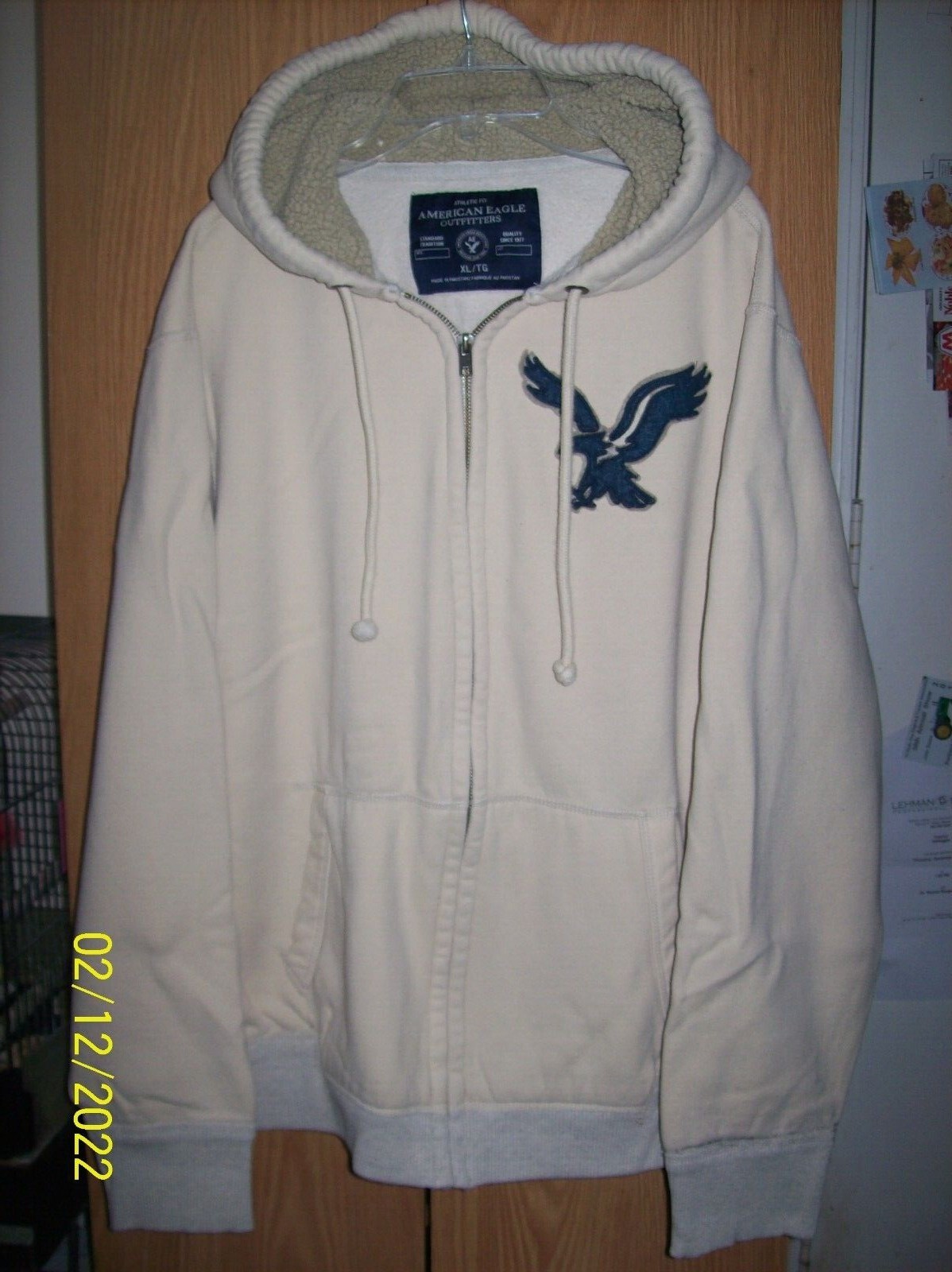 Menu0026#039;s American Eagle Full-Zip Off White Faux Fur Hooded Sweatshirt  Jacket - XL | eBay
