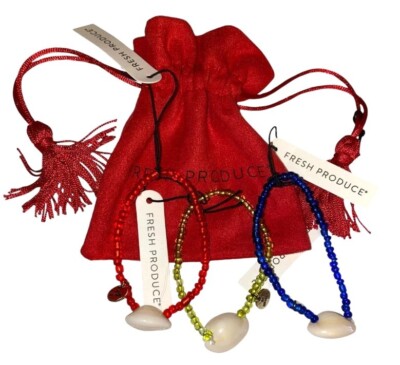 Fresh Produce Red Blue Green Beaded Cowrie Seashell Bracelet Set 3 & Jewelry Bag