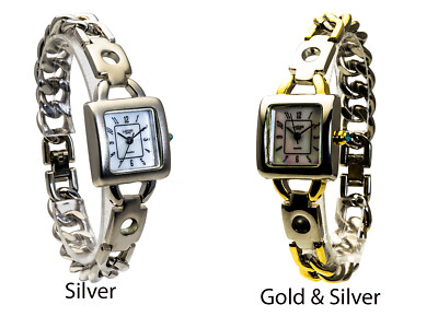 LAVONI:WOMENS' SILVER/GOLD METAL FINISH SQUARE CASE MOP DIAL ANALOG QUARTZ WATCH