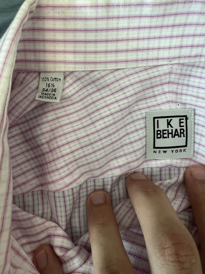 Camisa de vestir Ike Behar rosa a rayas 100 % algodón manga larga talla 16,5 - 34/35 Foto 2 de 3