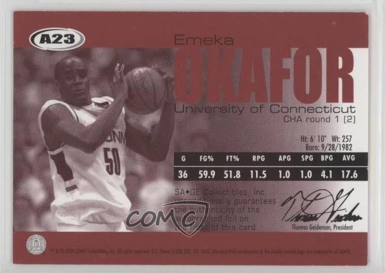 2004-05 Sage Basketball Authentic /300 Emeka Okafor #A23 Rookie Auto RC - Image 2 of 2