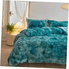 Faux Fur Plush Comforter Set Fluffy Fuzzy Shaggy Bedding Set Full Tie Dye Teal
