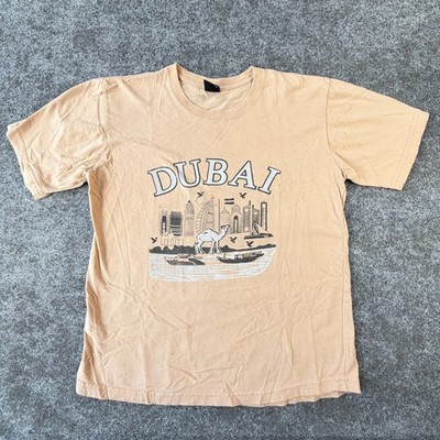VBS T Shirt Mens Large Tan Dubai Burj Al Arab Beach Sea Boat Camel Graphic Print