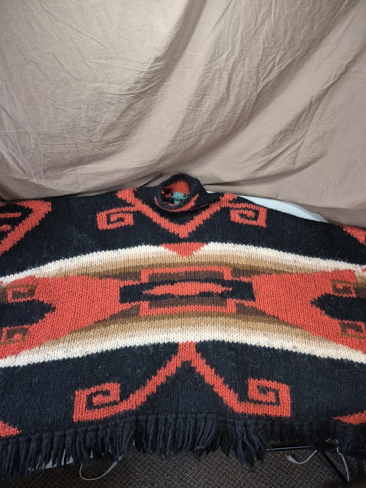 VTG Ralph Lauren Wool Hand Knit Poncho Sweater Wrap Southwestern Aztec