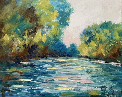 Impressionist River Landscape Oil Painting Nature Forest Water Art 11x14