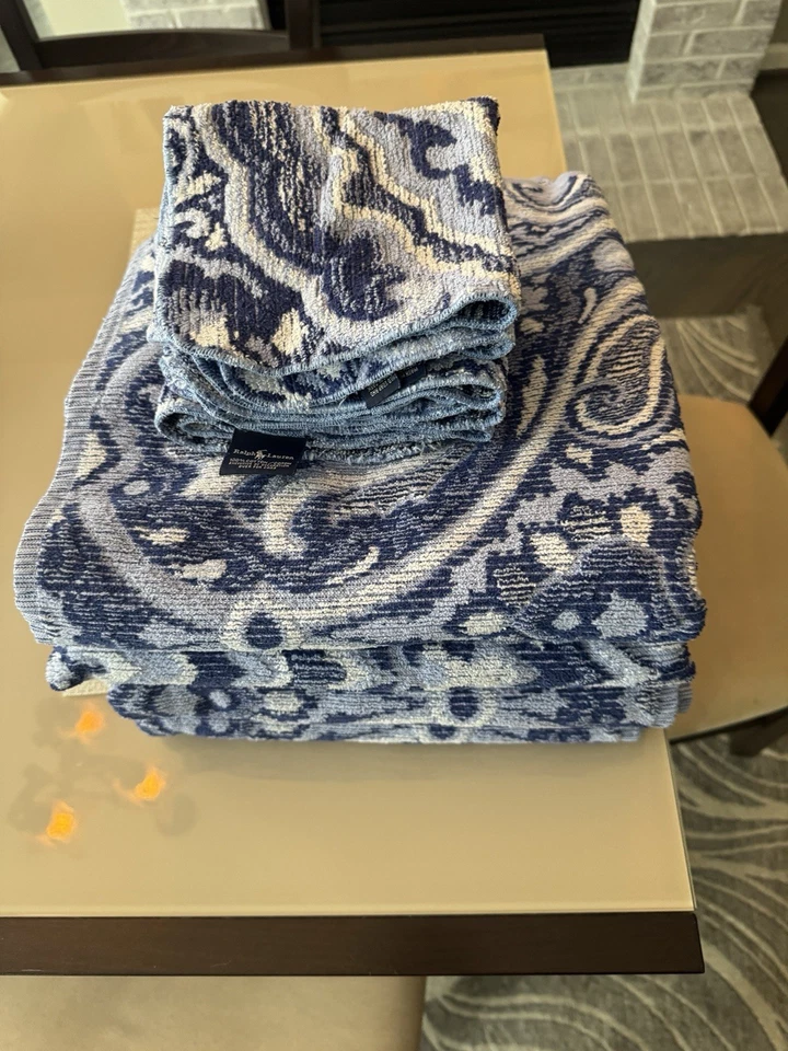 Ralph Lauren Bath Towel Set Vintage 1990s Blue& White Paisley  Print NICE - Image 2 of 3