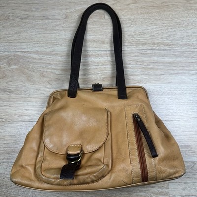 VTG SOPHIA VISCONTI SHOULDER BAG PURSE POCKETS CAMEL BROWN GENUINE LEATHER