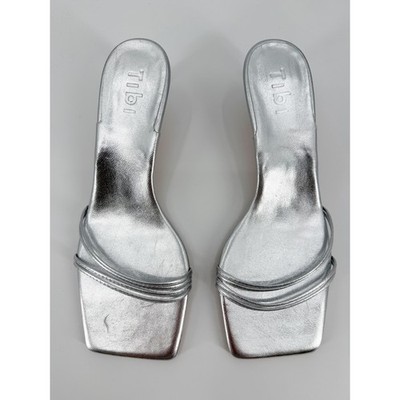 Tibi Jim Silver Metallic Leather Square Toe Strap Sandals Kitten Heels 40