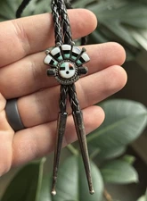 Vintage Zuni Headdress Sterling Silver Multi Stone Inlay Bolo Tie