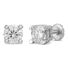 Sterling Silver Fully Iced Round Solitaire Circle Stud Screw Back Earrings