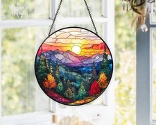 Mountain Range Stained Glass Suncatcher, Nature Suncatcher For Window Hanging