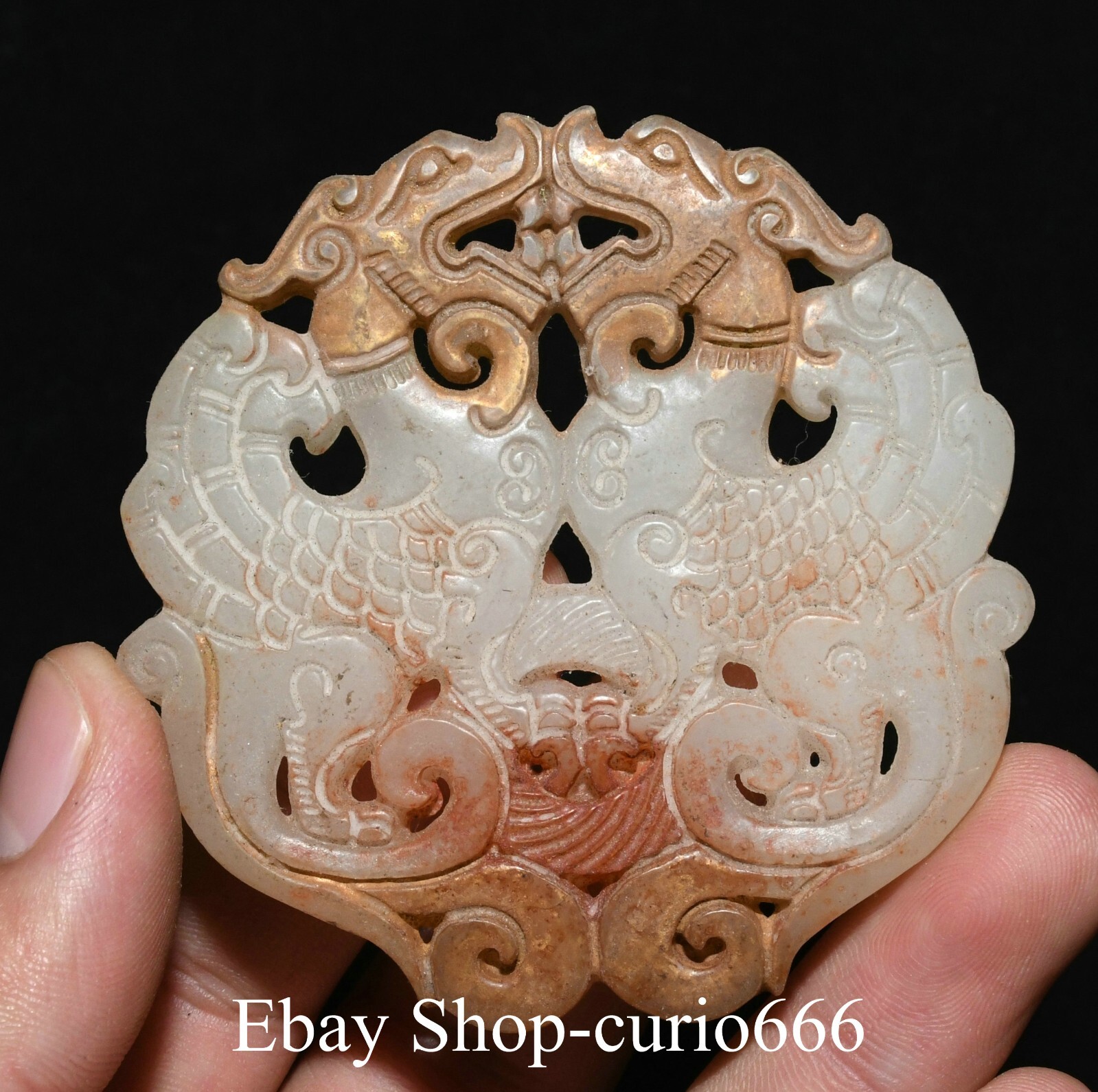 China Old Jade Gilt Carved Dragon Loong Beast Pattern Yubi Yu Bi Amulet Pendant
