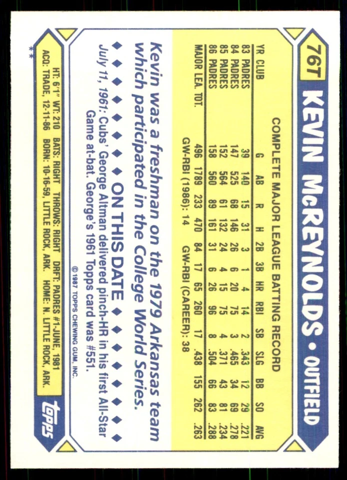 1987 Topps Traded. Kevin McReynolds Baseball Cards #76T - Image 2 of 2