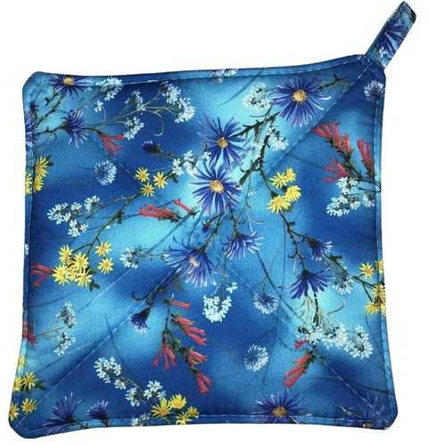 Wildflowers Blue Pot Holder, Field Flowers Farmhouse Hot Pad Kitchen Potholder - Picture 2 of 2