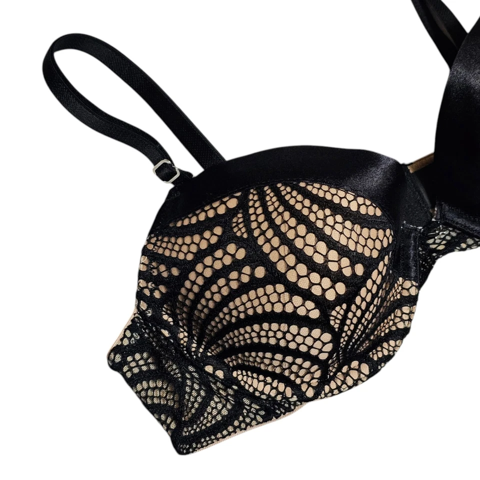 Fredericks of Hollywood Push Up Bra 34A Black Nude Exxtreme Cleavage Tuxedo Lace - Image 2 of 4