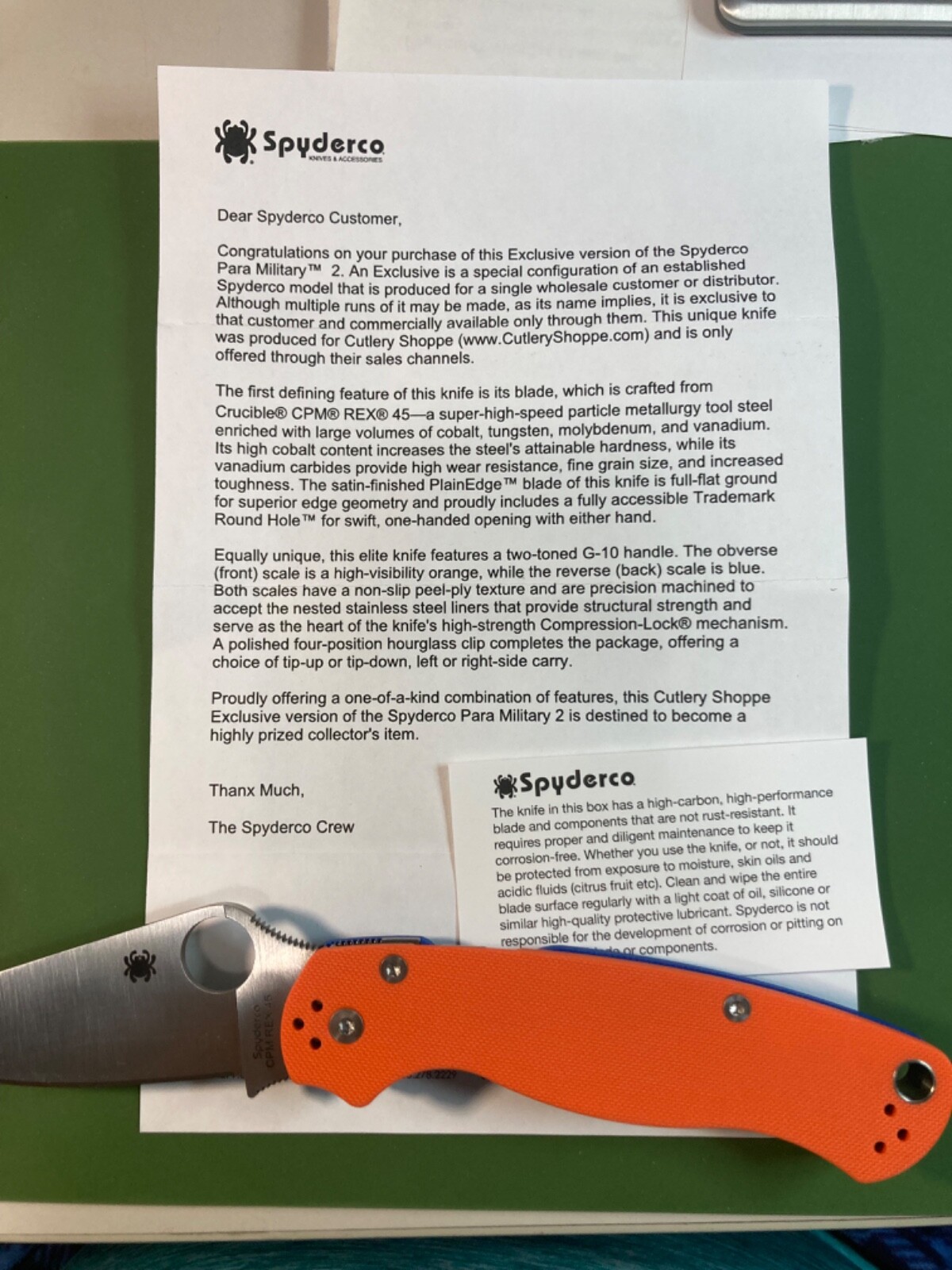 Spyderco Paramilitary 2 Cutlery Shoppe exclusive,Rex 45 satin blade