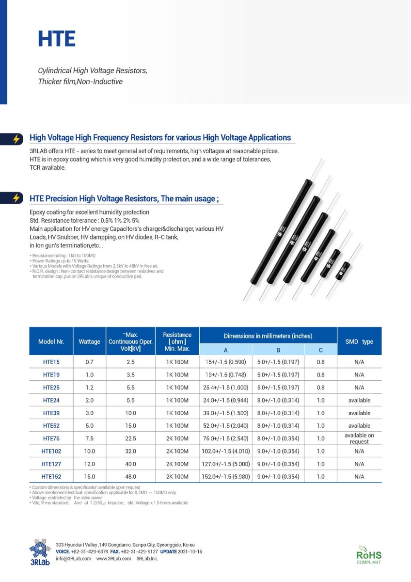 Resistenza Alta Tensione 3RLab HTE24 47K 1% 2W &ndash; Non Induttiva, 5.5KV