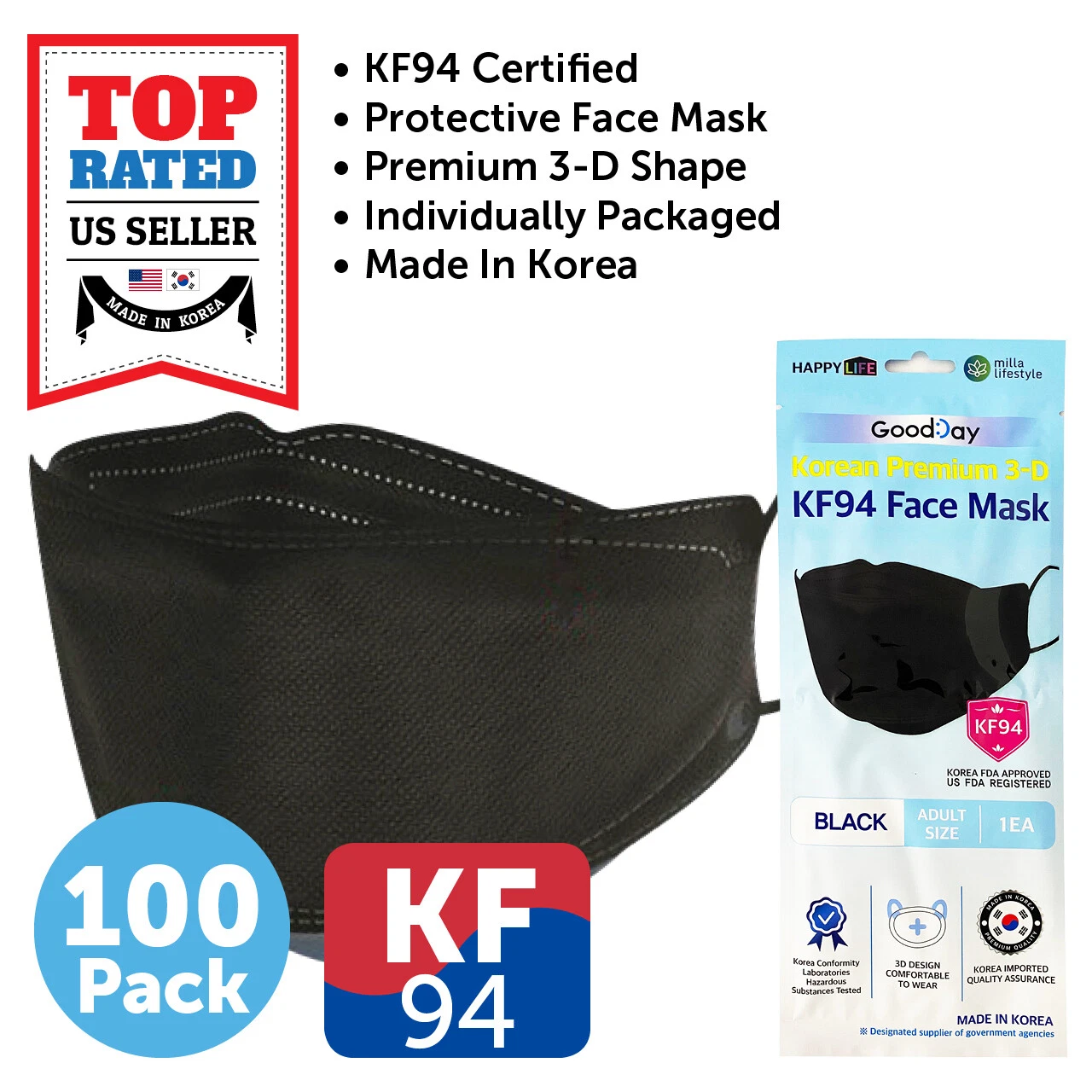 100 Pack KF94 BLACK Protective Face Mask Adult Made in Korea KFDA Approved