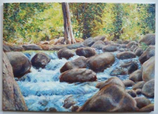 LOIS BOETTCHER, COLORFUL REALISM COLORIST, CREEK NATURE ROCKY STREAM VINTAGE OIL