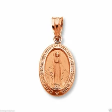 3D Tiny Oval Miraculous Medal Charm Pendant Solid Real 14K Rose Pink Gold