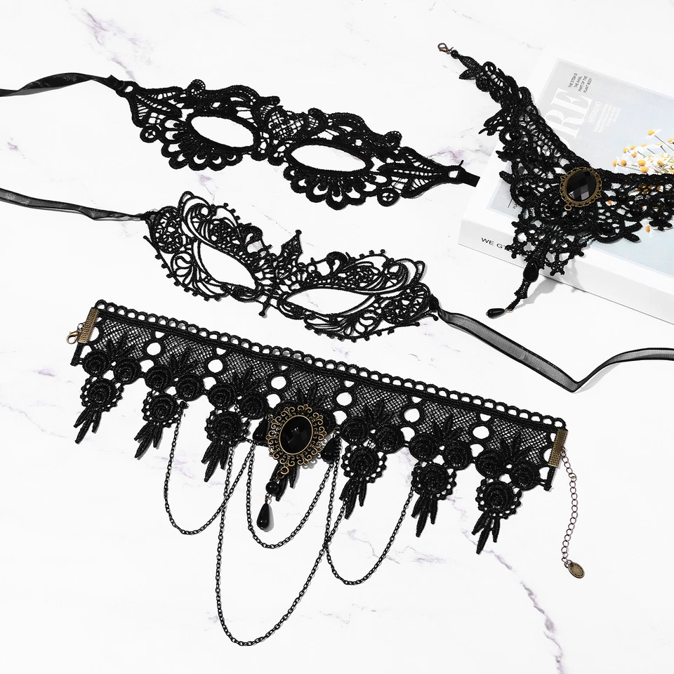 4Pcs Womens Gothic Masquerade Black Lace Mask Choker Necklace Party Cosplay Set - Image 3 of 4