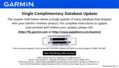 Garmin database update code for Garmin Aviation GPS/G1000/G500/750