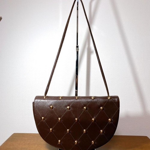 Yves Saint Laurent Brown Quilted Studded Half Moon Shoulder Bag Auth