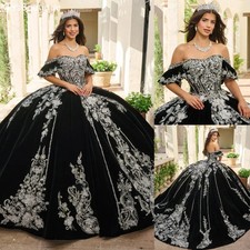 Black Quinceanera Dresses Off Shoulder Silver Lace Appliques Ball Gowns Sweet 16