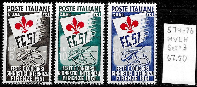 Italy #574-576, MVLH -1951- International Gymnastic Festival - CV=$67.50