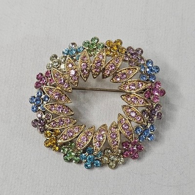 Gold Tone Metal Floral Wreath Easter Multicolored Rhinestone Unmarked Jewelry