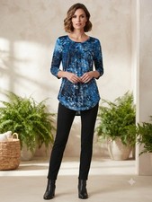 Karen Kane Womens Multicolor Tie Dye Burnout 3/4 Sleeve Top Scoop Neck Sz S Blue