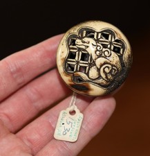 antique Japanese carved antler manju netsuke of a ShiShi lion. 19th century. EDO