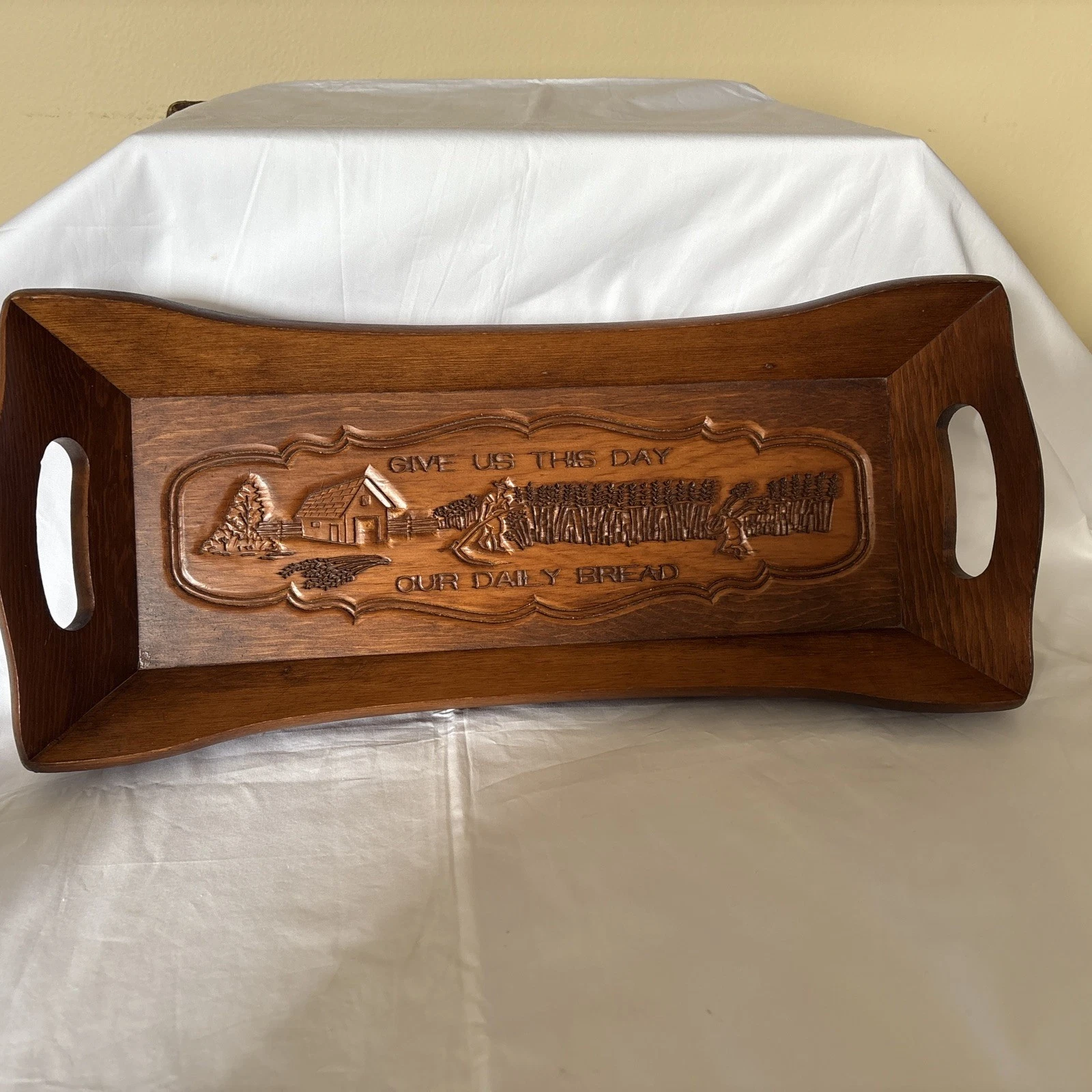 VTG Wooden Bread Box Tray Carved "Give Us...Daily Bread" 19"x7" Holds Full Loaf