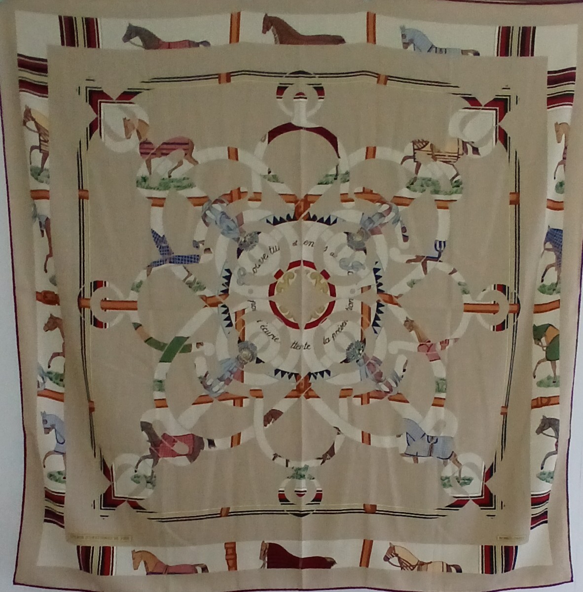 Hermes Shawl 140 Eperon d'Or et Tenues de Jour Beige Cashmere and Silk Scarf