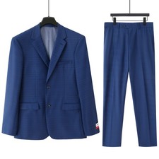 Men's Grey Blue Glen Plaid 2-Piece 2-Button Suit with Elastic Formal Suit nwt