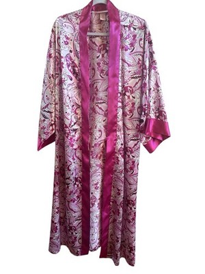 Seranda Pink Purple Floral Woman s Faux Silk Size 4X Belted Long Sleeve Robe