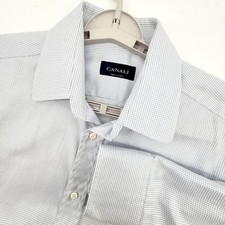 Canali Dress Shirt Mens 16 41 Light Blue White Cotton Micro-Check Italy Luxury