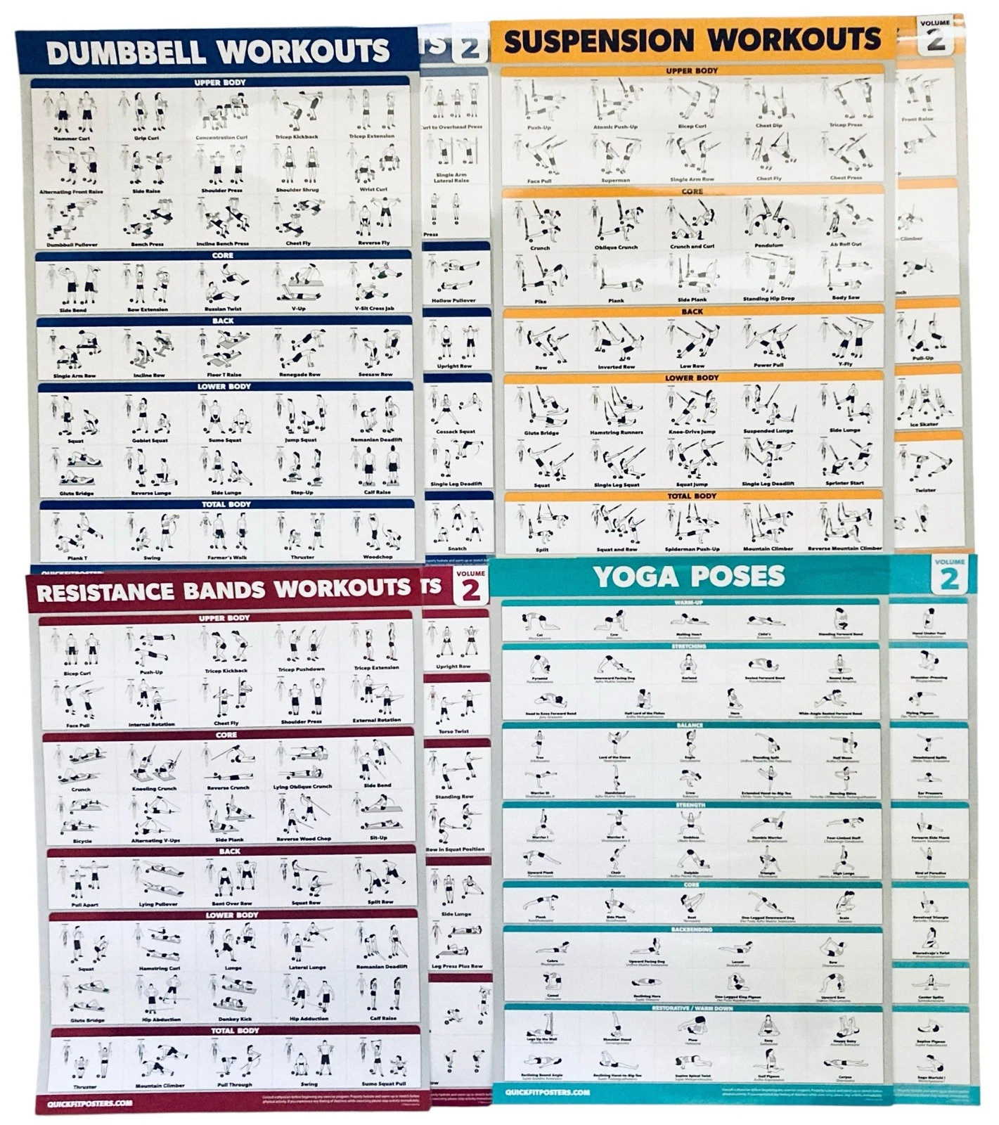 8 Pack Workout Laminated Instructional Exercise Posters Double Sided Vol 1 & 2