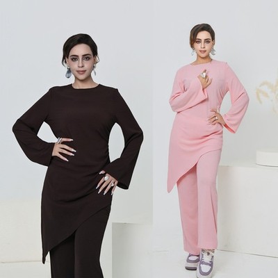 Muslim Women Abaya Dubai Kaftan Blouse Top Wide Leg Pants Elegant Outfits Modest