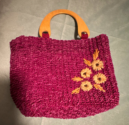 Purple Woven Straw Top Handle Bag Wooden Handles Floral Embroidery Zip Silver