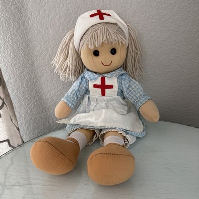 Powell Craft Nurse Rag Doll 16'' Large Soft Toy Plush Fabric Blue Gingham Cross