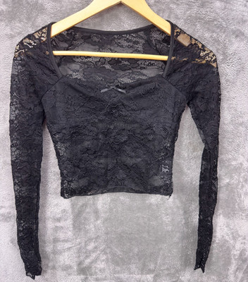 Women Black Lace Sweetheart Long Sleeve Crop Top Size M Dark Romantic Whimsigoth