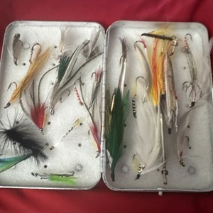 Vintage Perrine Aluminum Fly Box Loaded w/ Streamer Wet Flies Trout Salmon”