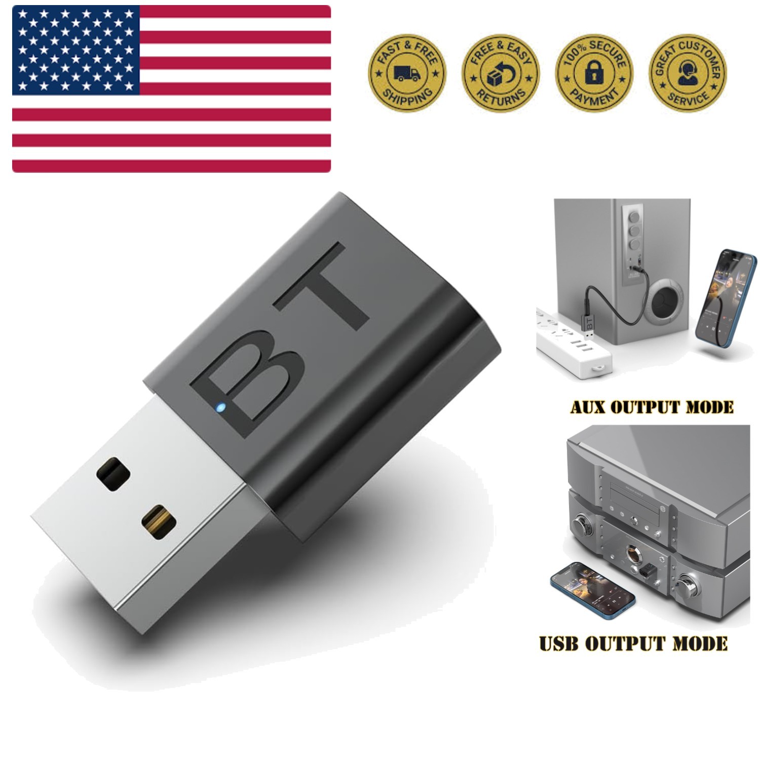 Mini 2-in-1 USB Bluetooth Receiver,5.4 Wireless Audio Adapter 3.5mm Car Kit M...