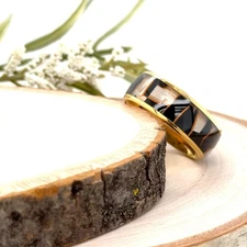 8mm Black and Gold Tungsten Ring with Abstract Inlay Unisex Wedding Band