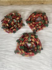 3x Vtg Wooden Garland Red Beads Green Christmas Trees Approx 94  Each