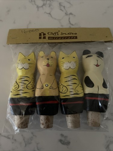 Katze handbemalt Holz mit Korken Flaschenstopfen 4er Set aus Indonesien Neu in Verpackung - Bild 3 von 4