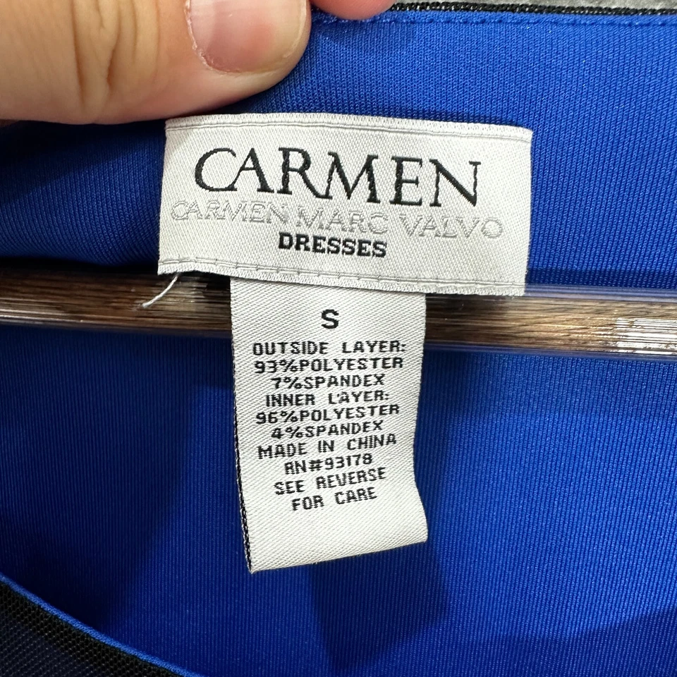 Платье Carmen Marc Valvo S черное сетчатое оверлейное синее облегающее оболочка коктейльная вечеринка - Изображение 2 из 4