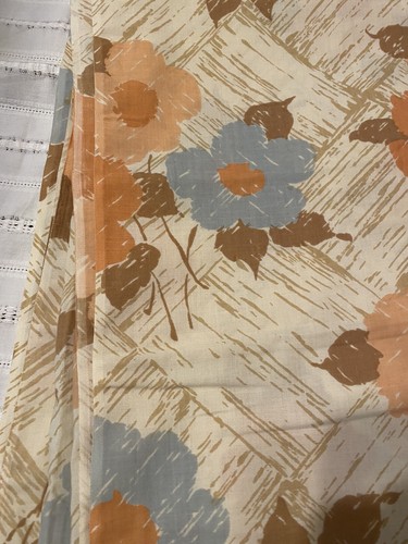 Queen Bed Flat Sheet Floral Print Fabric No Iron Muslin Vtg 70s Tan Blue Orange - Picture 9 of 11